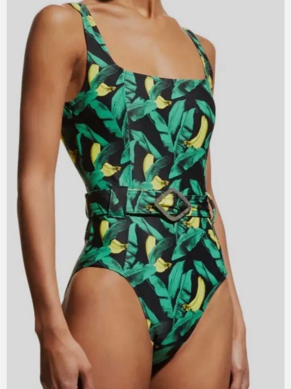 Ganni Black Banana Tree Print One-Piece Swimsuit, Size 10/12